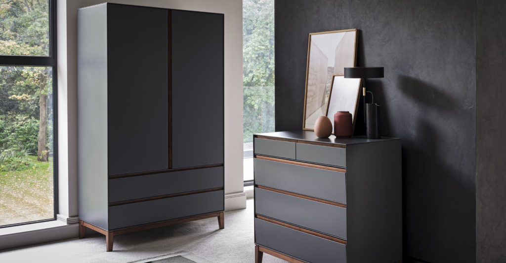 Lifestyle shot featuring cabinets from Says Who's Lars Bedroom Collection